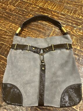 Kate Landry Gray Suede Shoulder Bag with Dark Gray patent Leather Trim